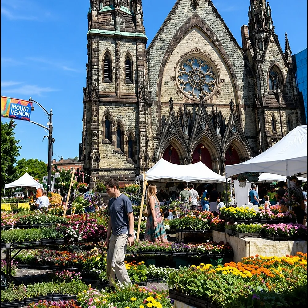 Charming outdoor market in Mount Vernon with vibrant flowers and historic stone cathedral backdrop on a sunny day.