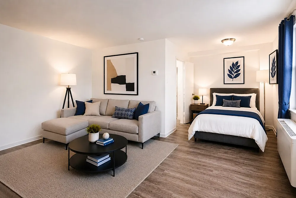 Elegant apartment interior featuring a cozy living area with a stylish gray sectional sofa and modern decor, seamlessly transitioning into a bright and inviting bedroom with luxurious bedding and contemporary artwork.