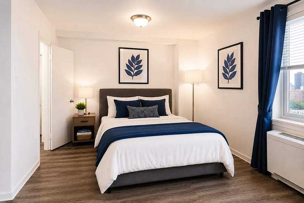 Elegant bedroom with chic decor featuring a plush bed with blue and white bedding, stylish artwork, and bright natural light through large window.