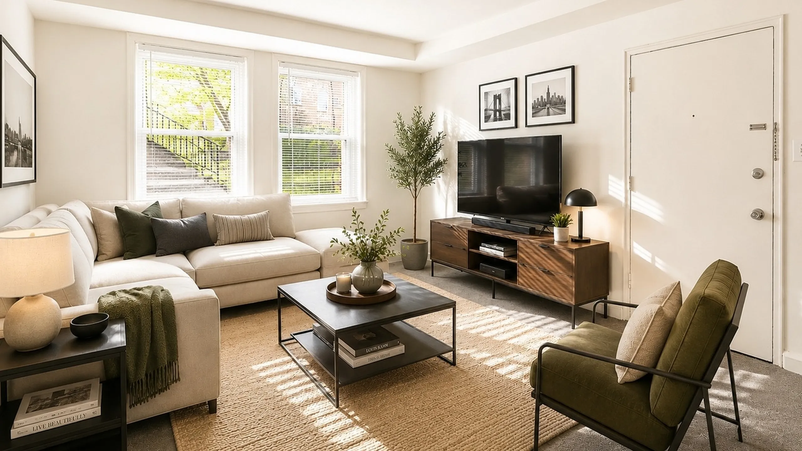 Bright and inviting living room with elegant decor, featuring a comfortable beige sectional, stylish coffee table, and large flat-screen TV. Sunlight pours through large windows, creating a warm and welcoming atmosphere.