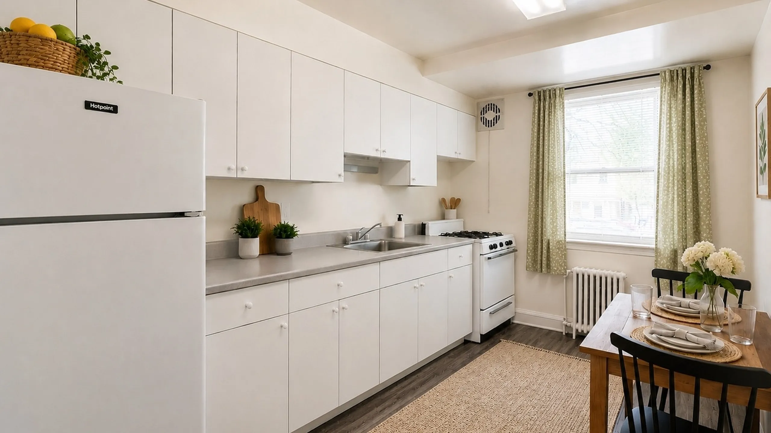 Charming kitchen with sleek white cabinetry, modern appliances, and a cozy dining area near a sunlit window.