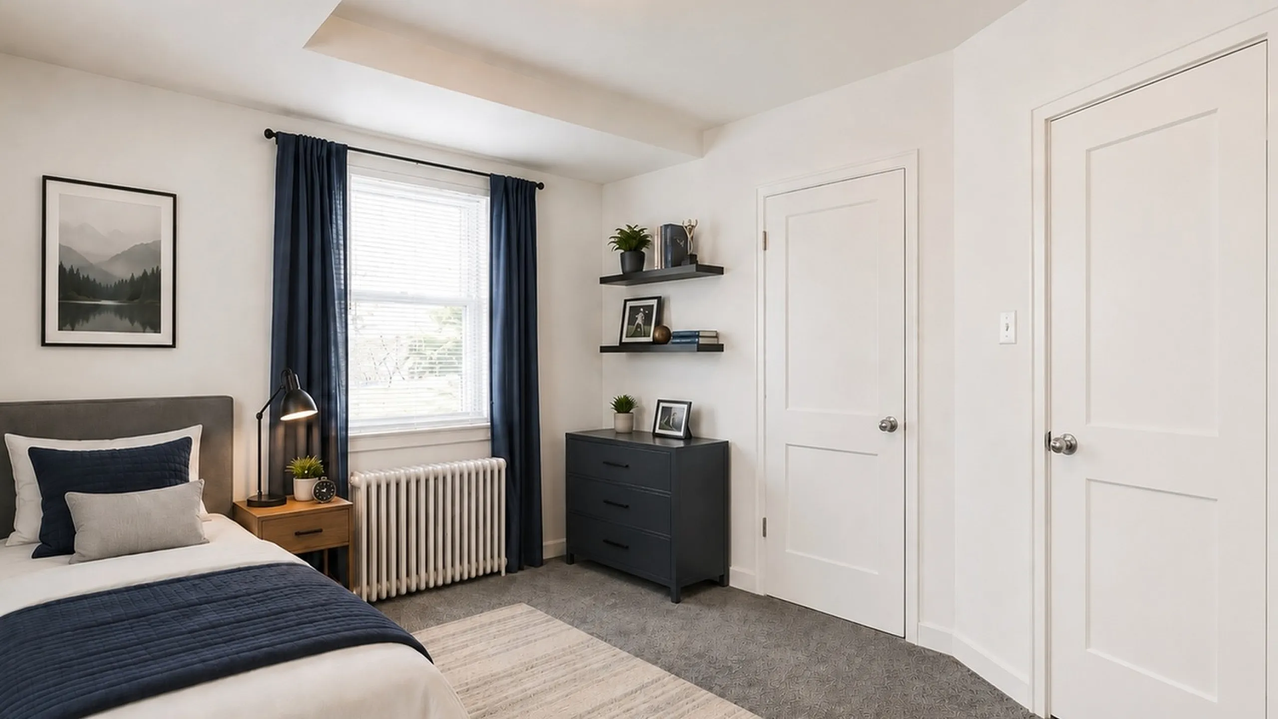 Cozy bedroom with elegant decor, featuring a comfortable bed, chic navy curtains, and stylish shelves displaying decor pieces.