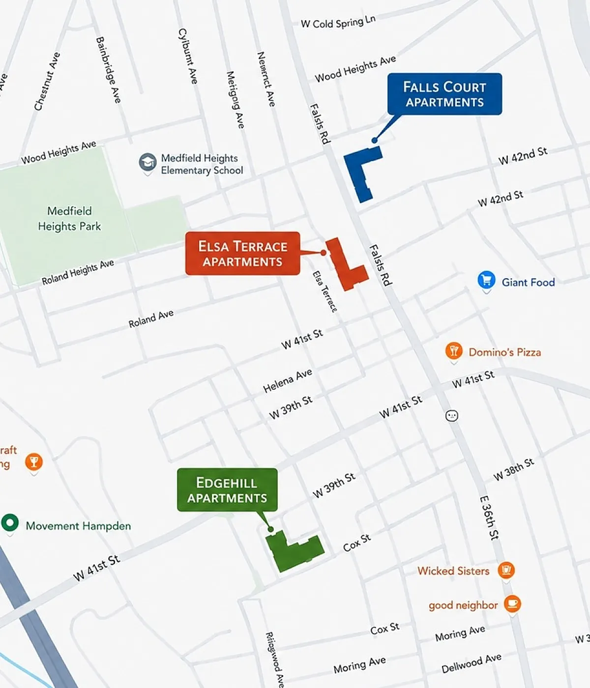 Dynamic neighborhood map showcasing convenient locations of Elsa Terrace, Edgehill, and Falls Court Apartments, surrounded by parks, dining, and shops.