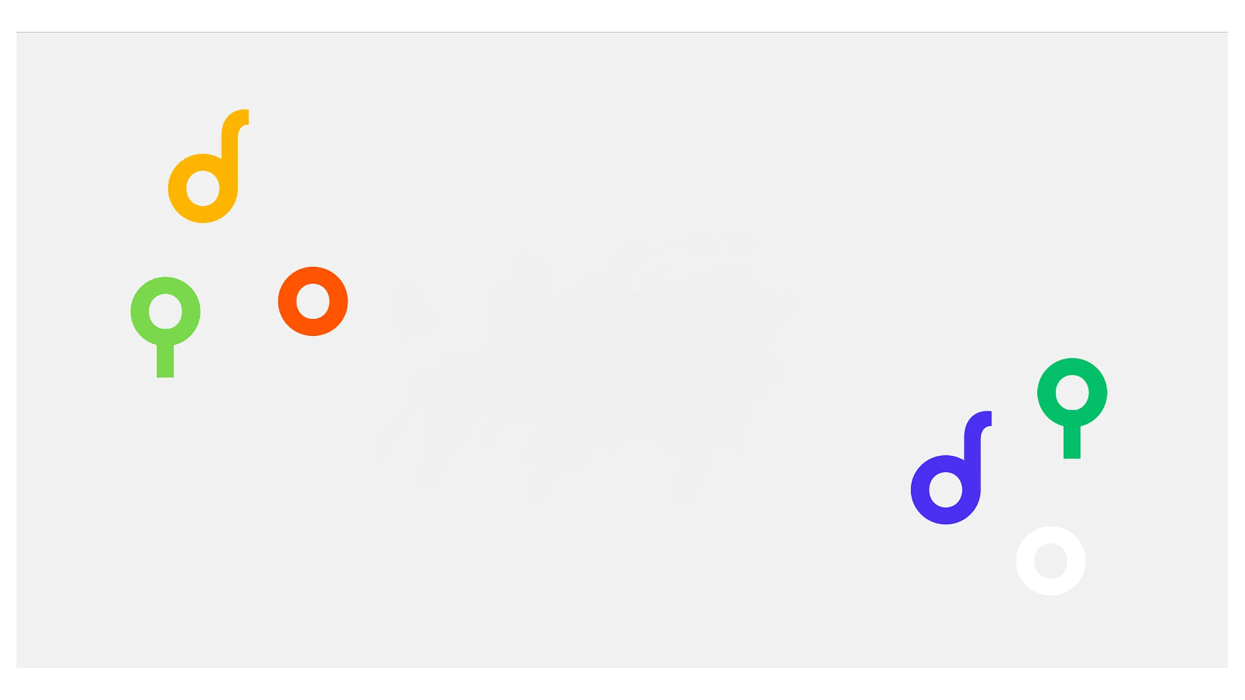 Colorful abstract design with floating musical note-like shapes in green, orange, purple, and yellow on a light background.