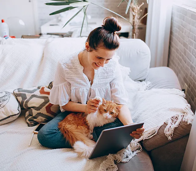 Bright and cozy living room featuring a woman smiling while using a tablet, with a fluffy orange cat comfortably sitting next to her on a plush sofa.
