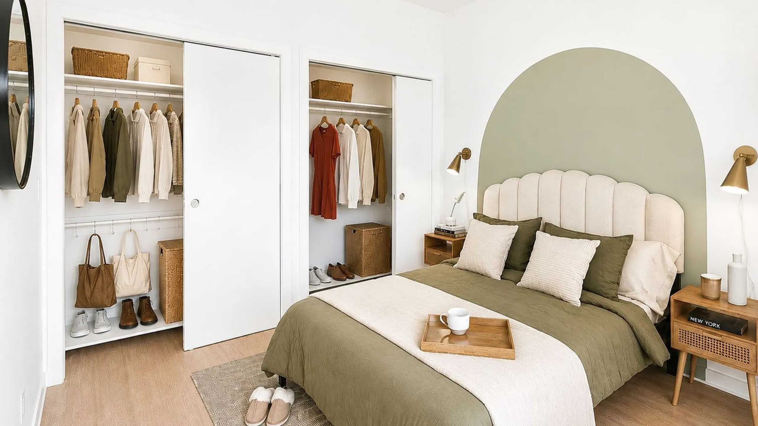 Chic bedroom with elegant decor, featuring a soft olive and cream palette, open closet with stylish wardrobe, and cozy bedding.