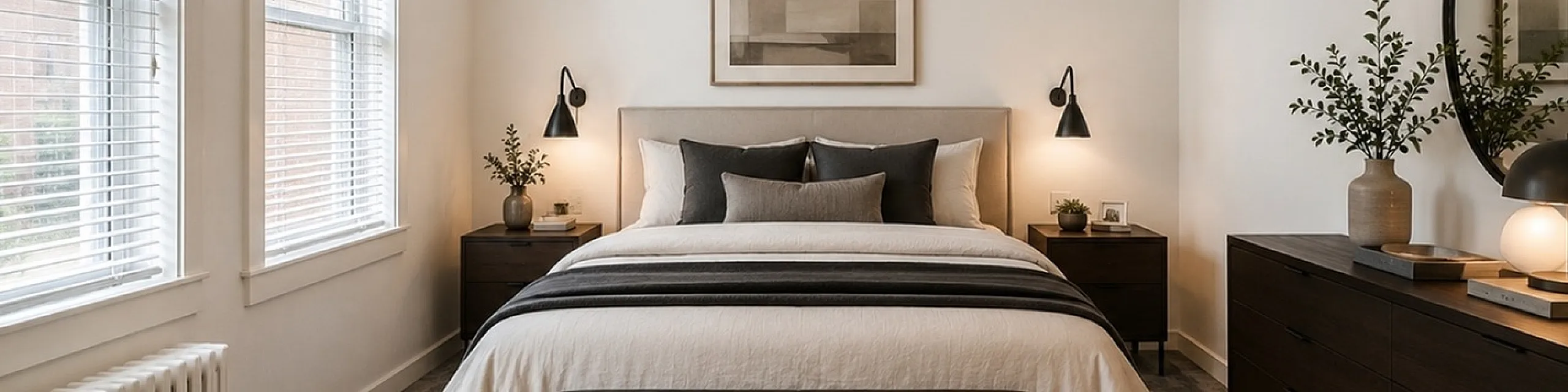 Chic and inviting bedroom featuring a plush bed with elegant linens, modern lighting, and stylish wooden furniture, bathed in natural light from large windows.