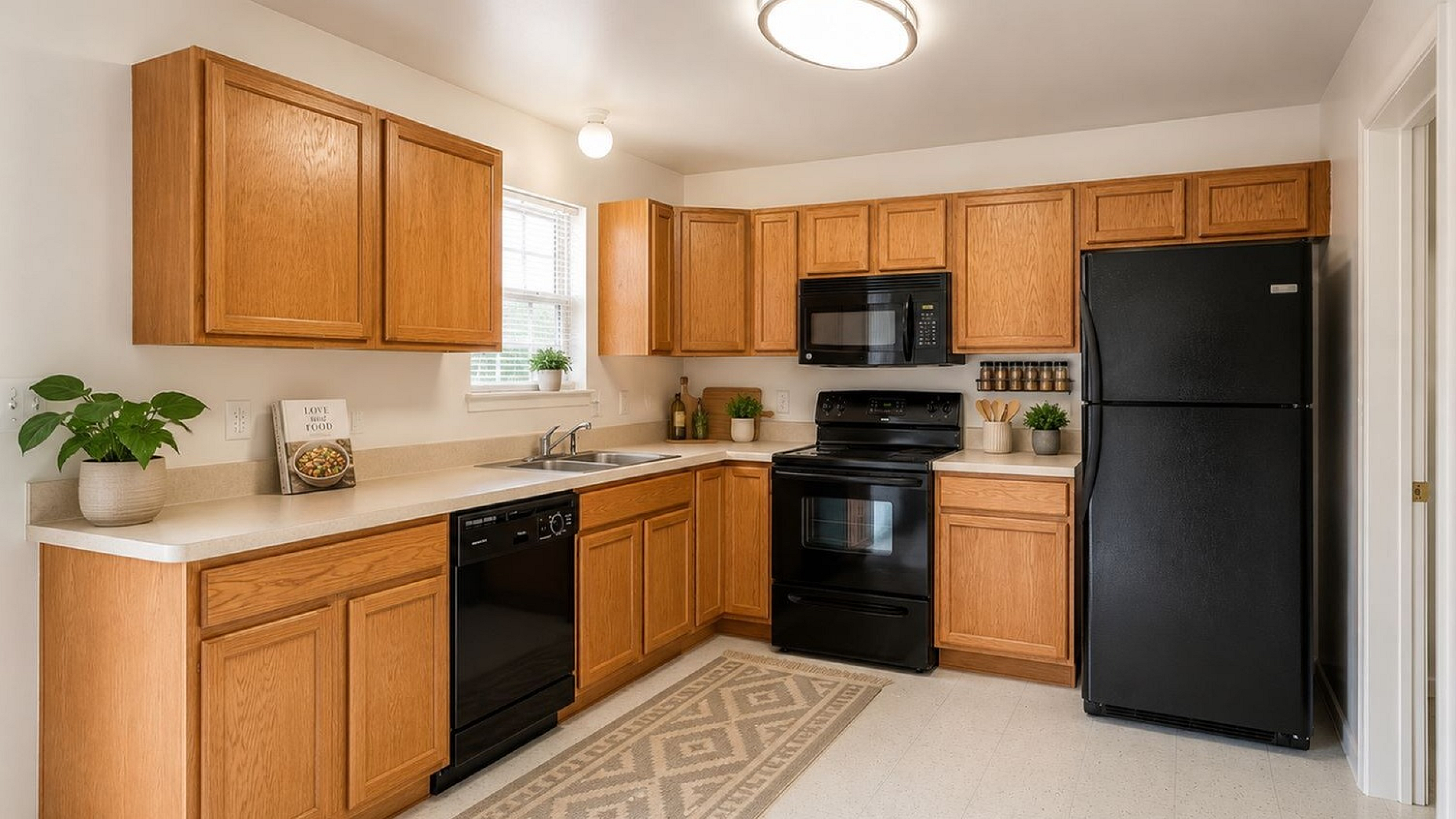 Inviting kitchen with warm wooden cabinetry, sleek black appliances, and natural light enhancing the modern aesthetic.