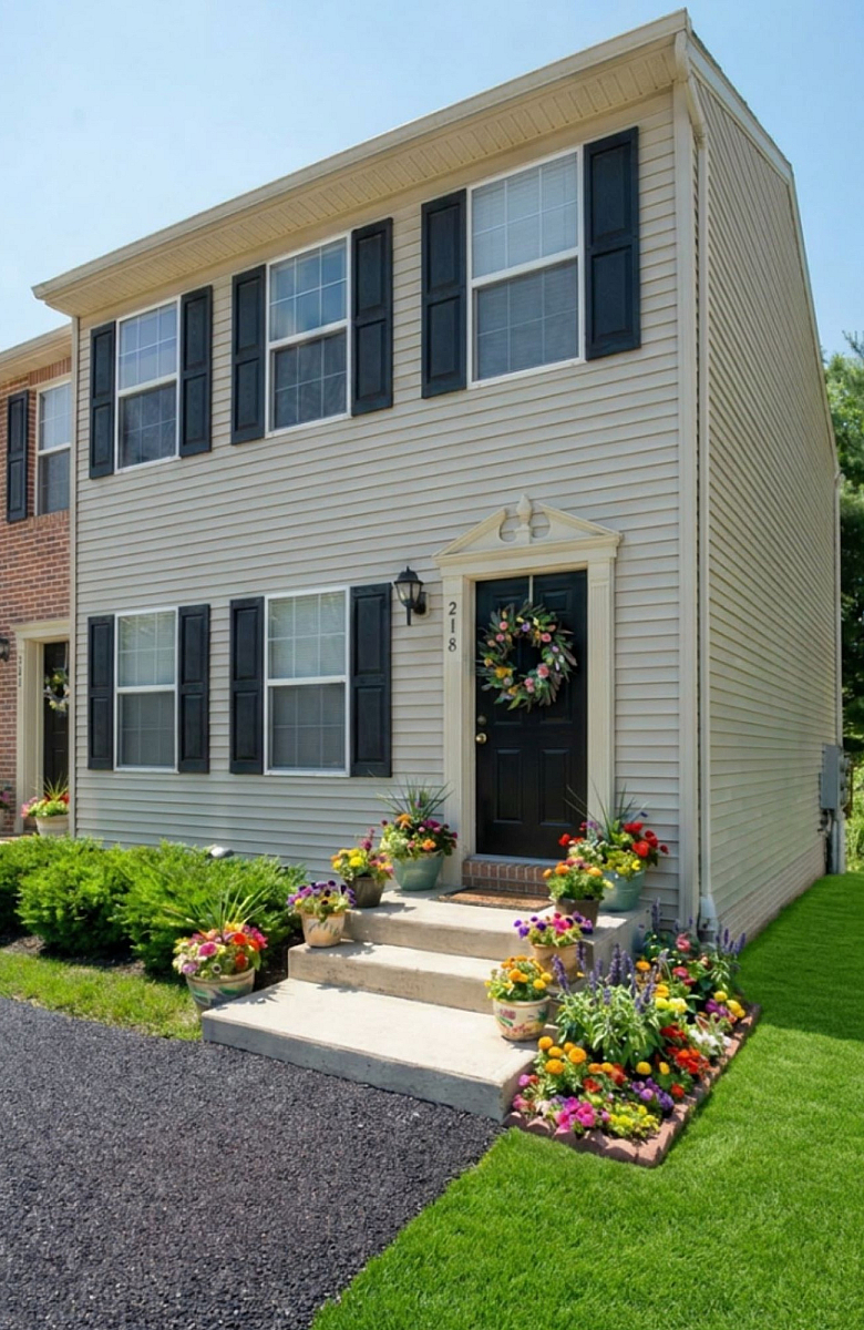 Charming townhouse with elegant facade, vibrant flower arrangements, and lush green lawn welcoming you home.