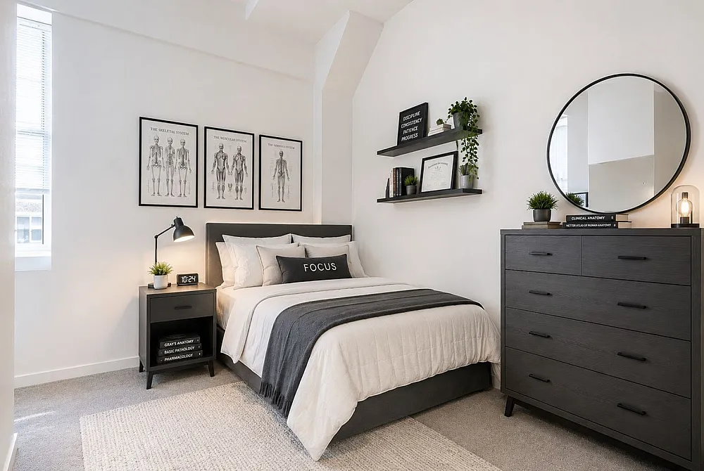 Modern bedroom with sleek design, featuring a cozy bed, stylish nightstand, and elegant dresser. Accented with minimalist decor and soft natural lighting.