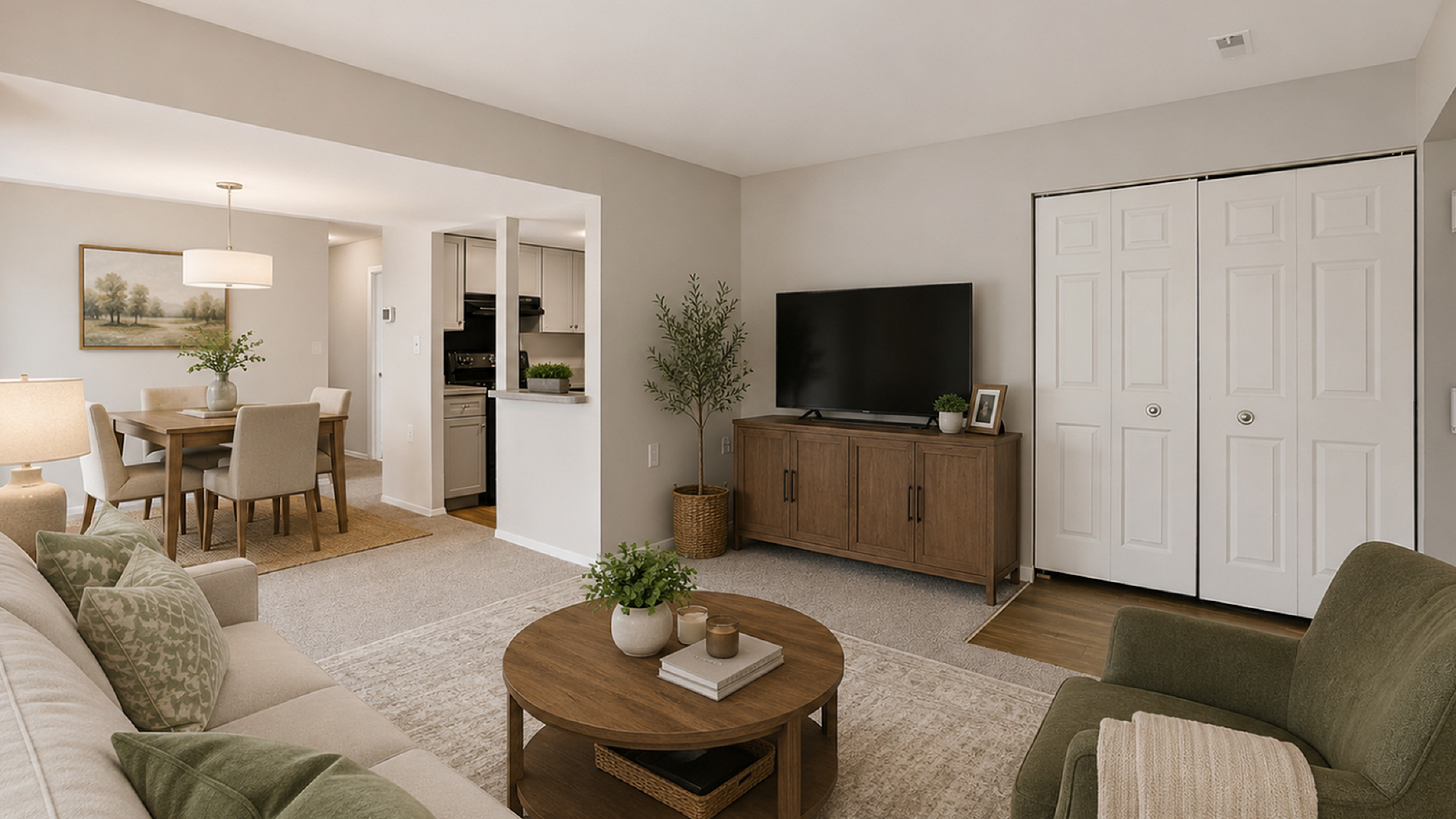 Chic living and dining area featuring modern furniture, neutral tones, and abundant natural light, ideal for relaxation and entertaining.