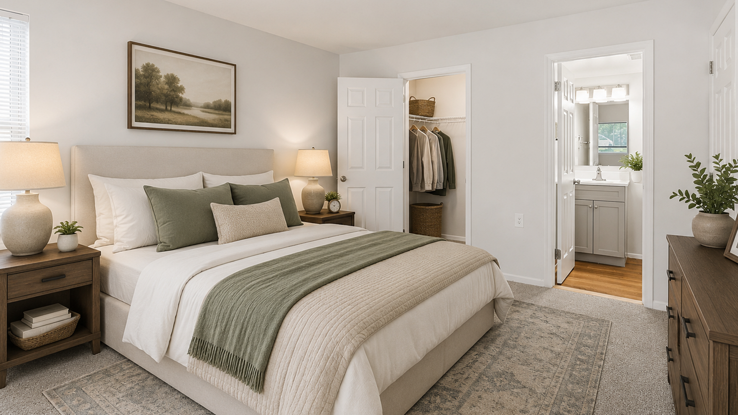 Inviting bedroom with tasteful decor, featuring soft neutral tones, plush bedding, and elegant bedside lamps, leading to a cozy en-suite bathroom and walk-in closet.