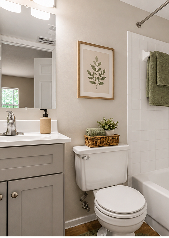 Charming bathroom with elegant vanity, leafy decor, and pristine tiles, exuding a tranquil spa-like ambiance.