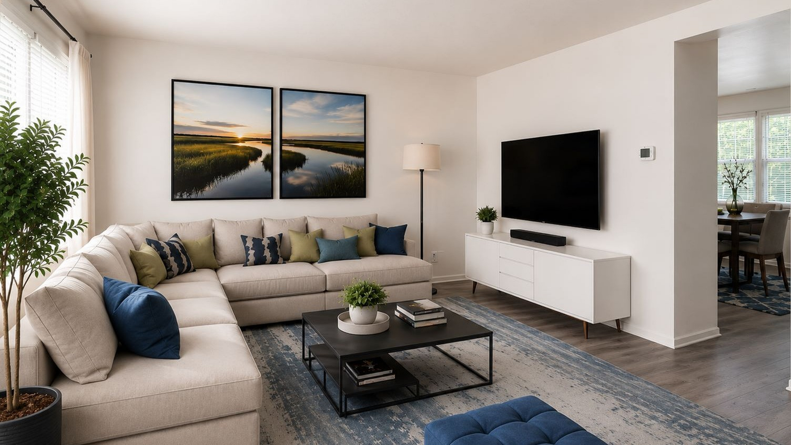 Inviting living room with a plush sectional sofa, sleek entertainment center, and vibrant decor accents, perfect for relaxation.
