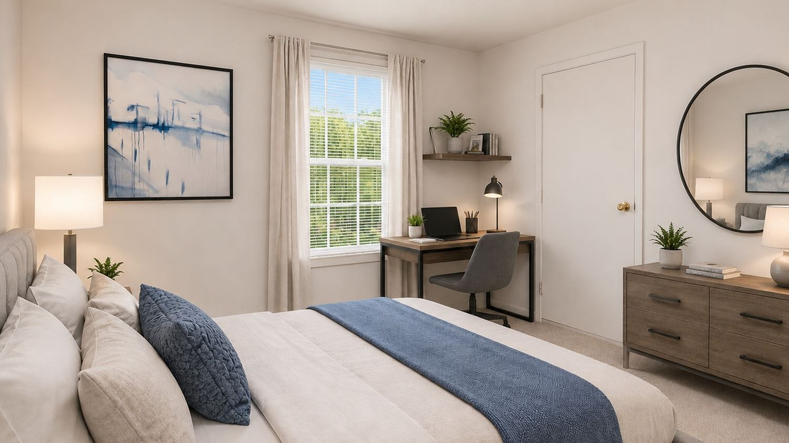Chic and cozy bedroom featuring elegant furnishings, modern artwork, and a bright workspace near a sunlit window.