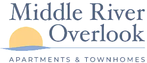 Middle River Overlook logo featuring modern design with a sun setting over a river silhouette, highlighting luxury apartments and townhomes.