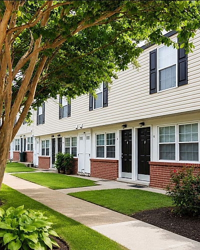 Charming townhouse row with fresh landscaping and vibrant greenery in a sunny suburban setting.