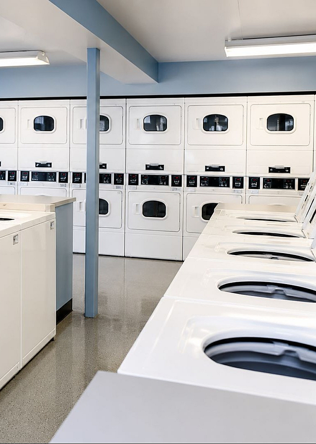 Bright and spacious laundry room featuring multiple modern washers and dryers, perfect for convenient living.