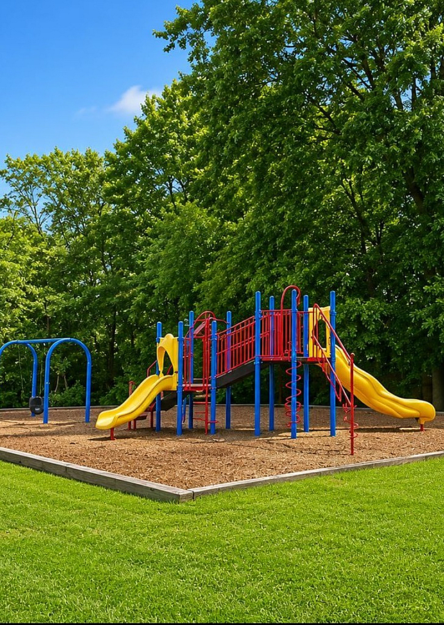 Charming playground with vibrant slides and swings set amidst lush greenery, offering a perfect outdoor retreat for families.