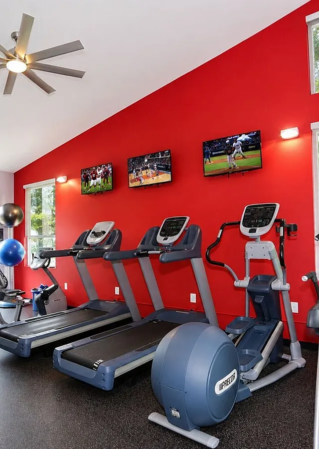 Bright and modern apartment gym featuring treadmills, elliptical machines, vibrant red accent wall, and large windows with scenic views.