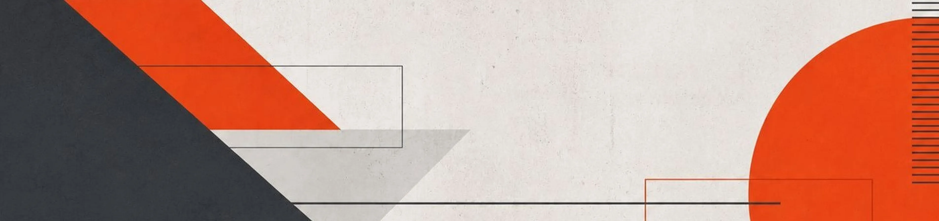 Modern abstract design with bold geometric shapes in black, red, and gray over a textured white background.