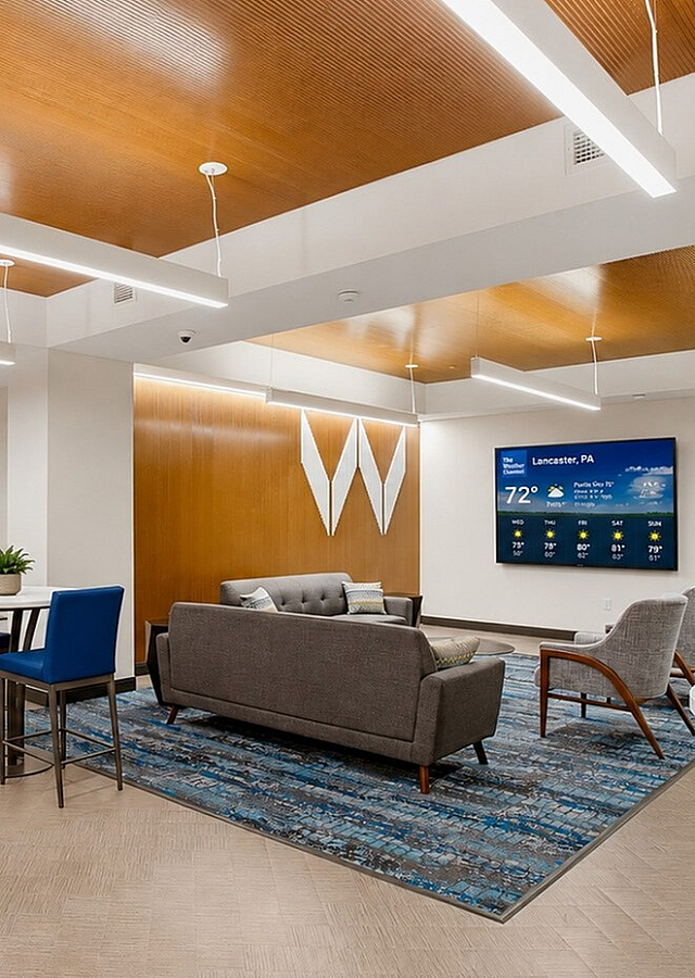 Contemporary lobby with elegant seating, wooden ceiling accents, and modern lighting in a sleek apartment building.