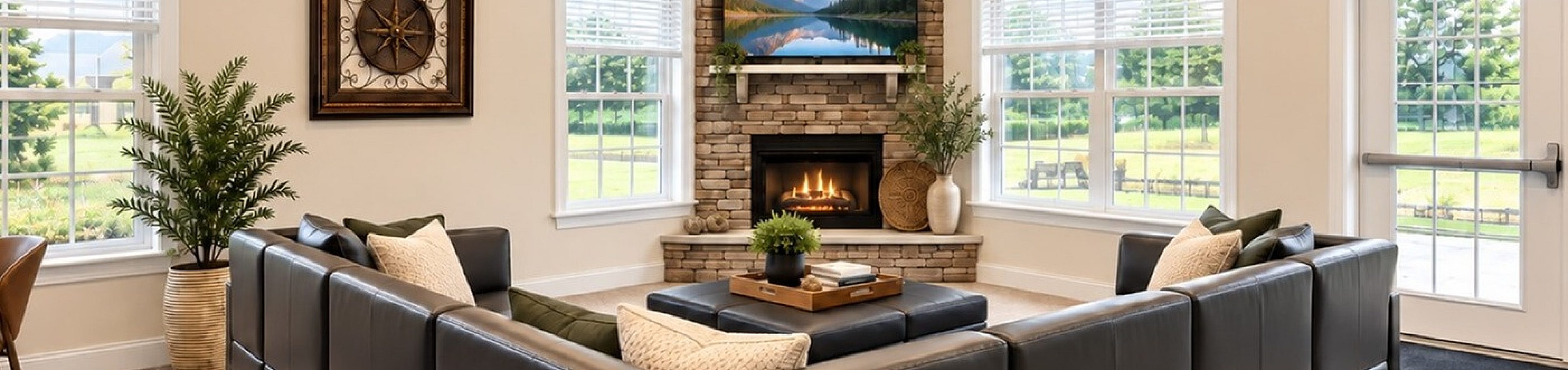 Inviting living room with plush sectional sofa, modern brick fireplace, and large windows overlooking serene greenery.