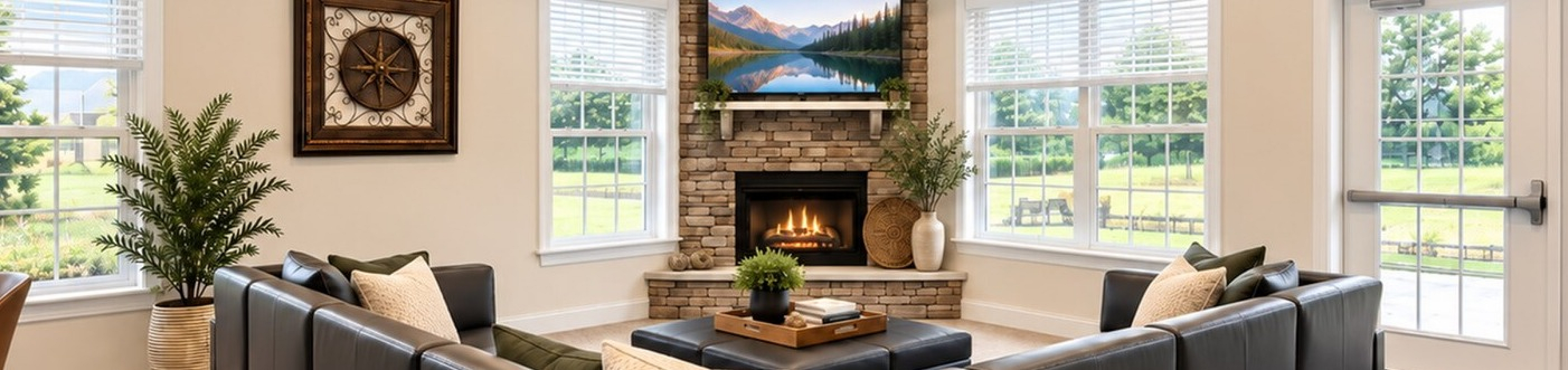 Elegant living room with a cozy fireplace, modern sectional sofa, and large windows offering natural light and scenic views.