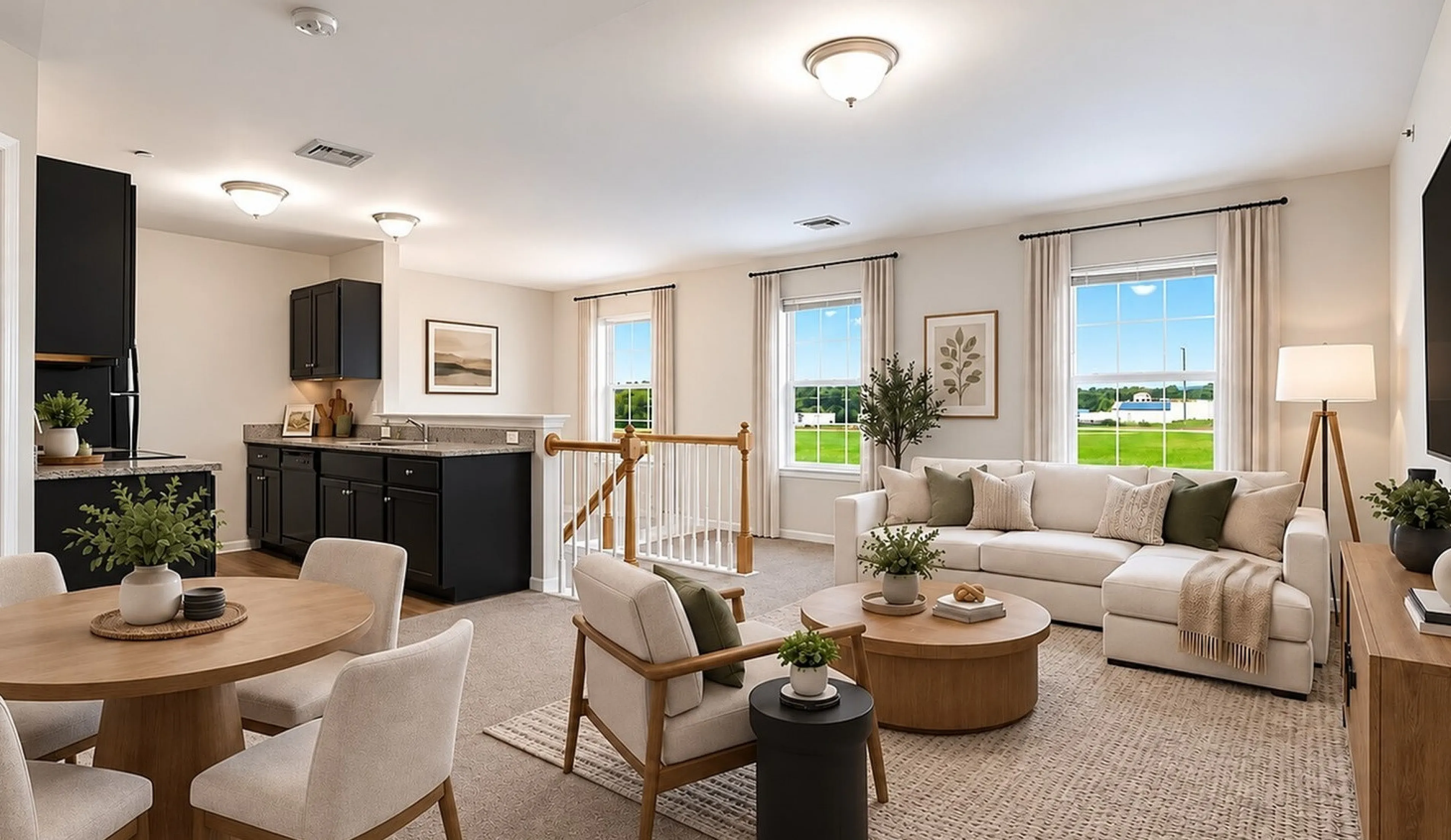 Bright, open-concept living room and kitchen with elegant decor, featuring plush seating and large windows overlooking lush greenery.