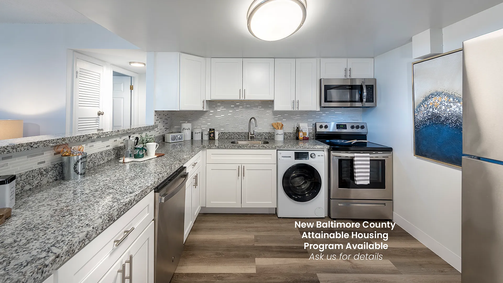 Modern kitchen with sleek white cabinets, stainless steel appliances, and granite countertops, featuring a cozy open-concept design.