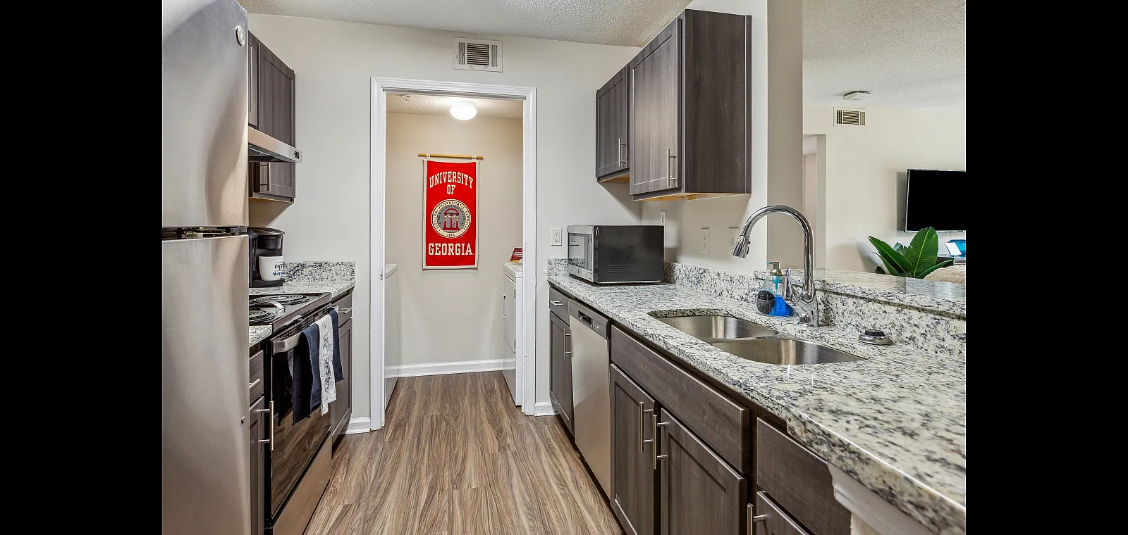 Modern kitchen with stainless steel appliances, elegant granite countertops, and sleek dark wood cabinets in a cozy apartment setting.