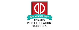 30th anniversary emblem of Pierce Education Properties, celebrating milestones from 1995 to 2025 with bold red and turquoise design.