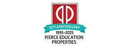 Pierce Education Properties celebrates 30th anniversary with a bold red and teal commemorative emblem.