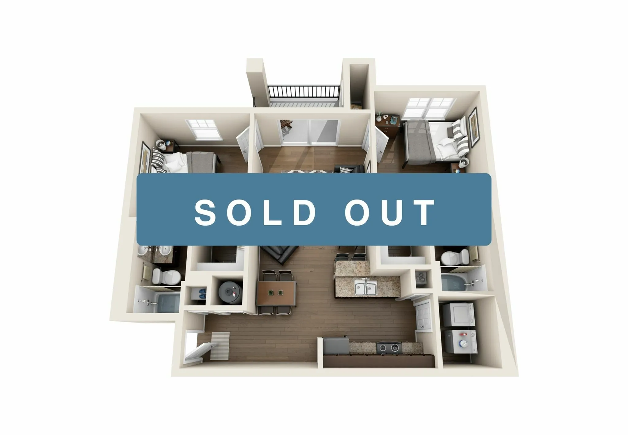 Modern 3D floor plan of a two-bedroom apartment with a stylish open kitchen, cozy living area, and two bathrooms, labeled as sold out.