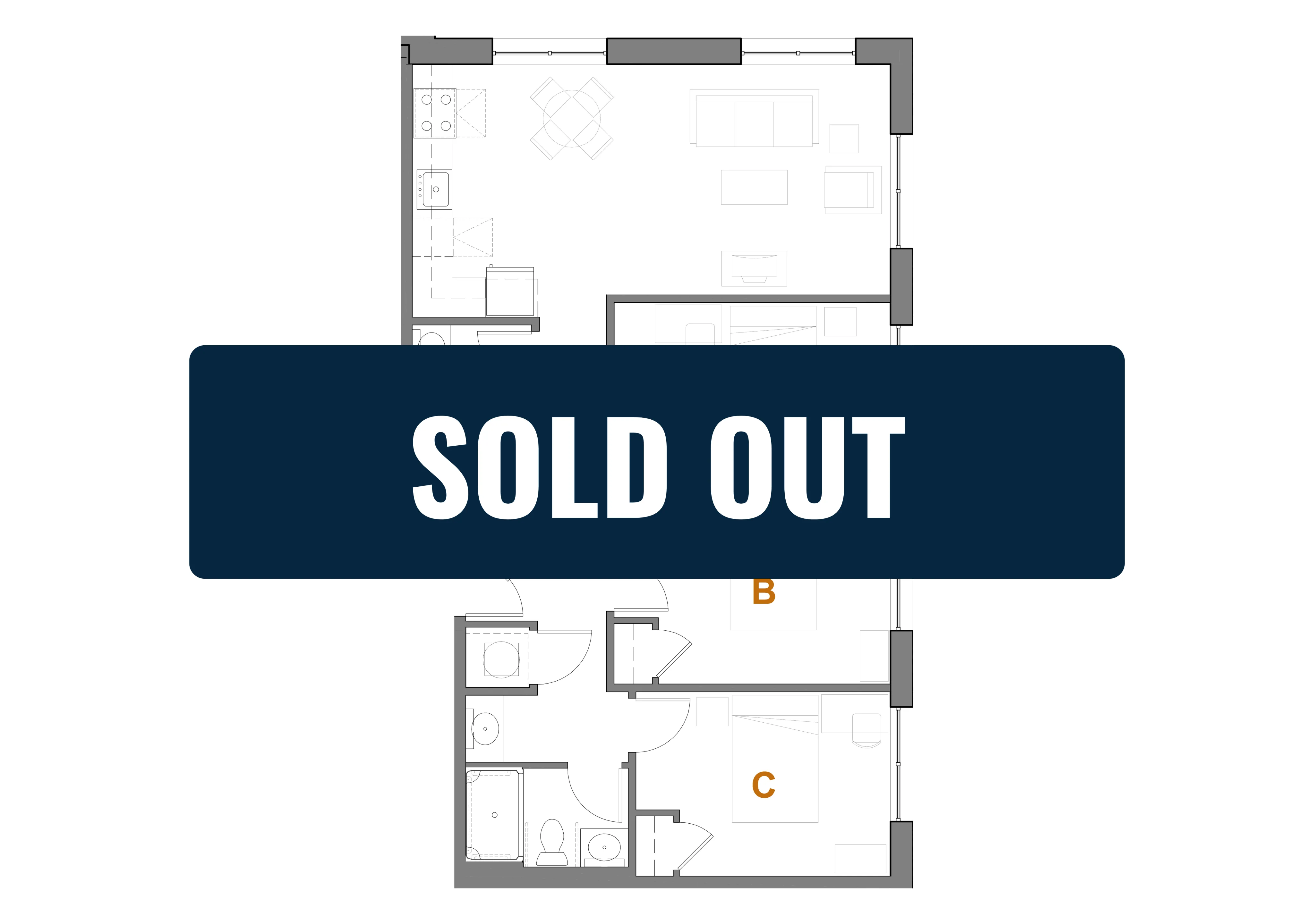 Chic floor plan with spacious open-concept living area, 2 stylish bedrooms, and modern amenities, now sold out.