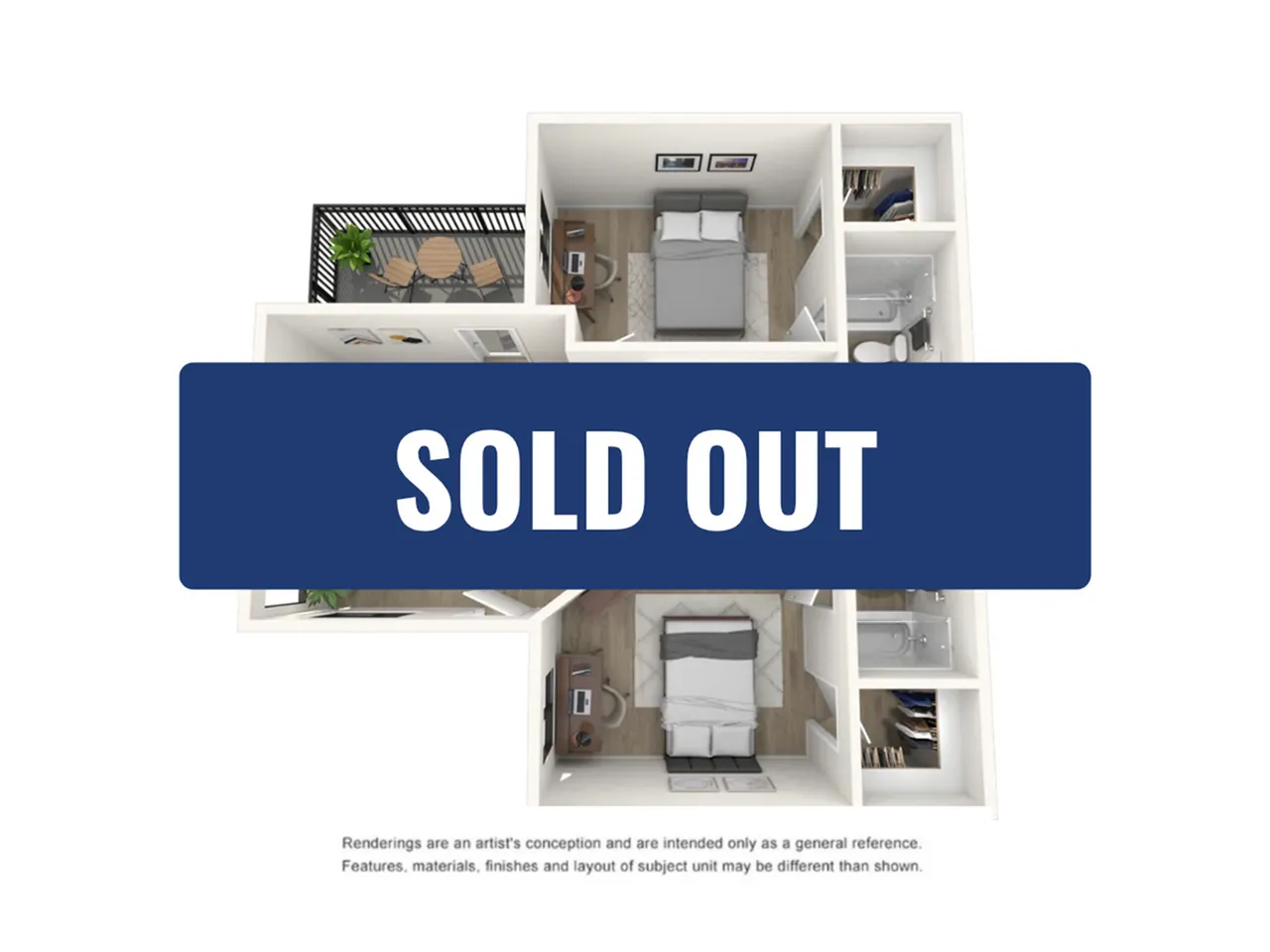 Modern 3D apartment layout showcasing 2 cozy bedrooms, sleek bathrooms, and a charming balcony now sold out.