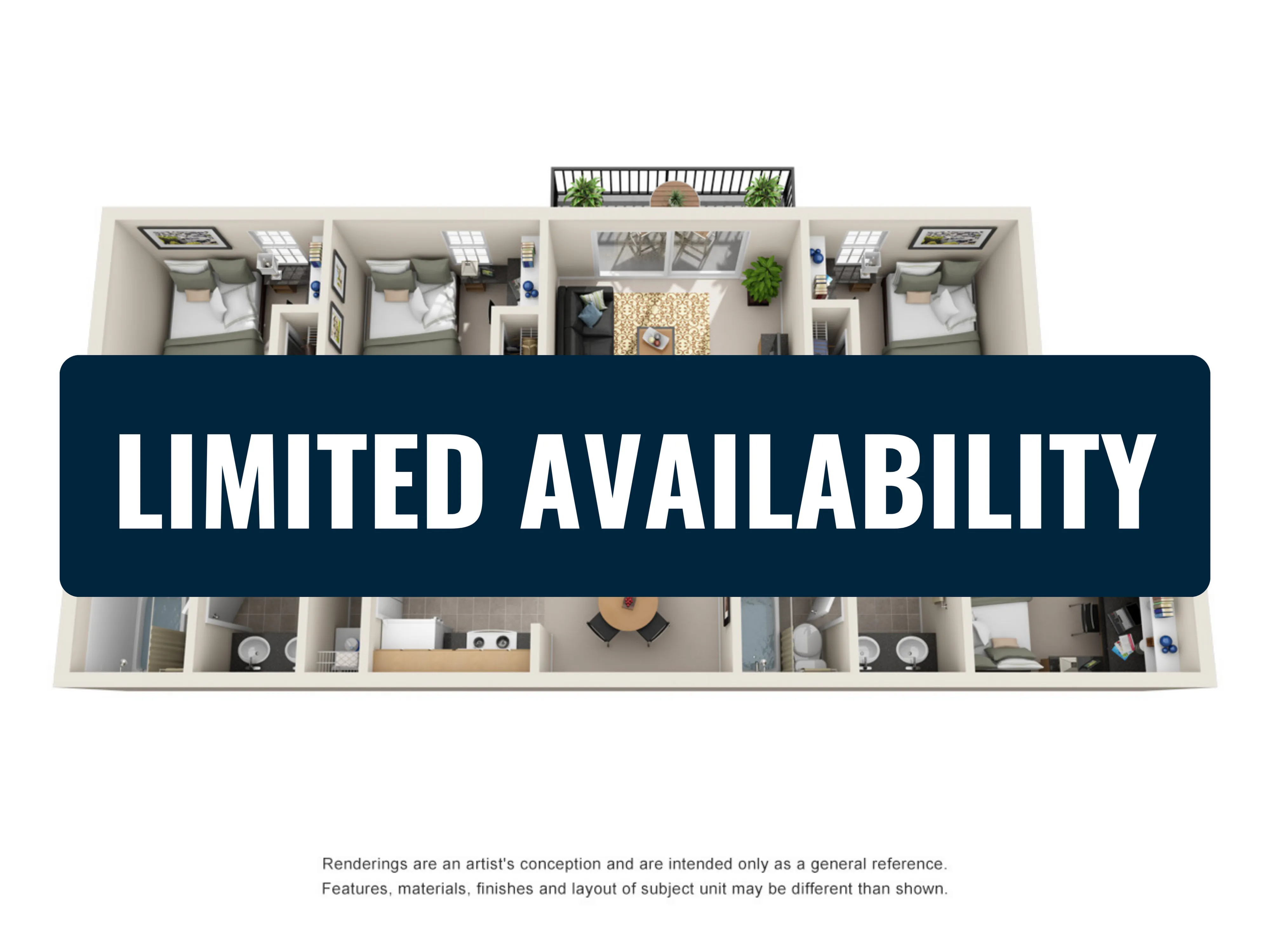 3D floor plan showcasing a modern apartment with 3 bedrooms, a cozy living area, sleek kitchen, and private balcony, marked \'Limited Availability\'.