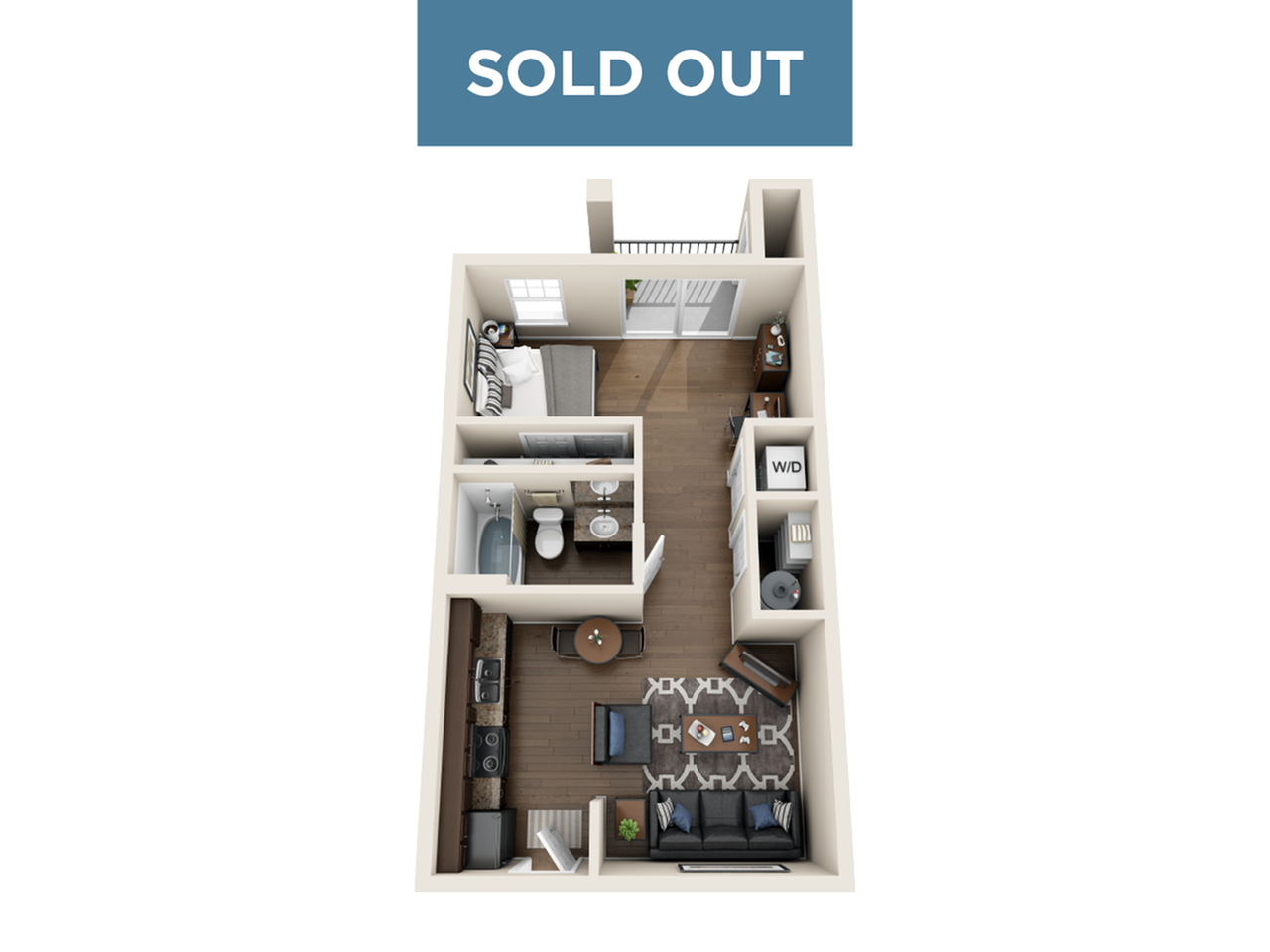 Cozy 3D floor plan showcasing a one-bedroom apartment with an open living and dining area, modern kitchen, and convenient laundry space. Bright layout with balcony access.