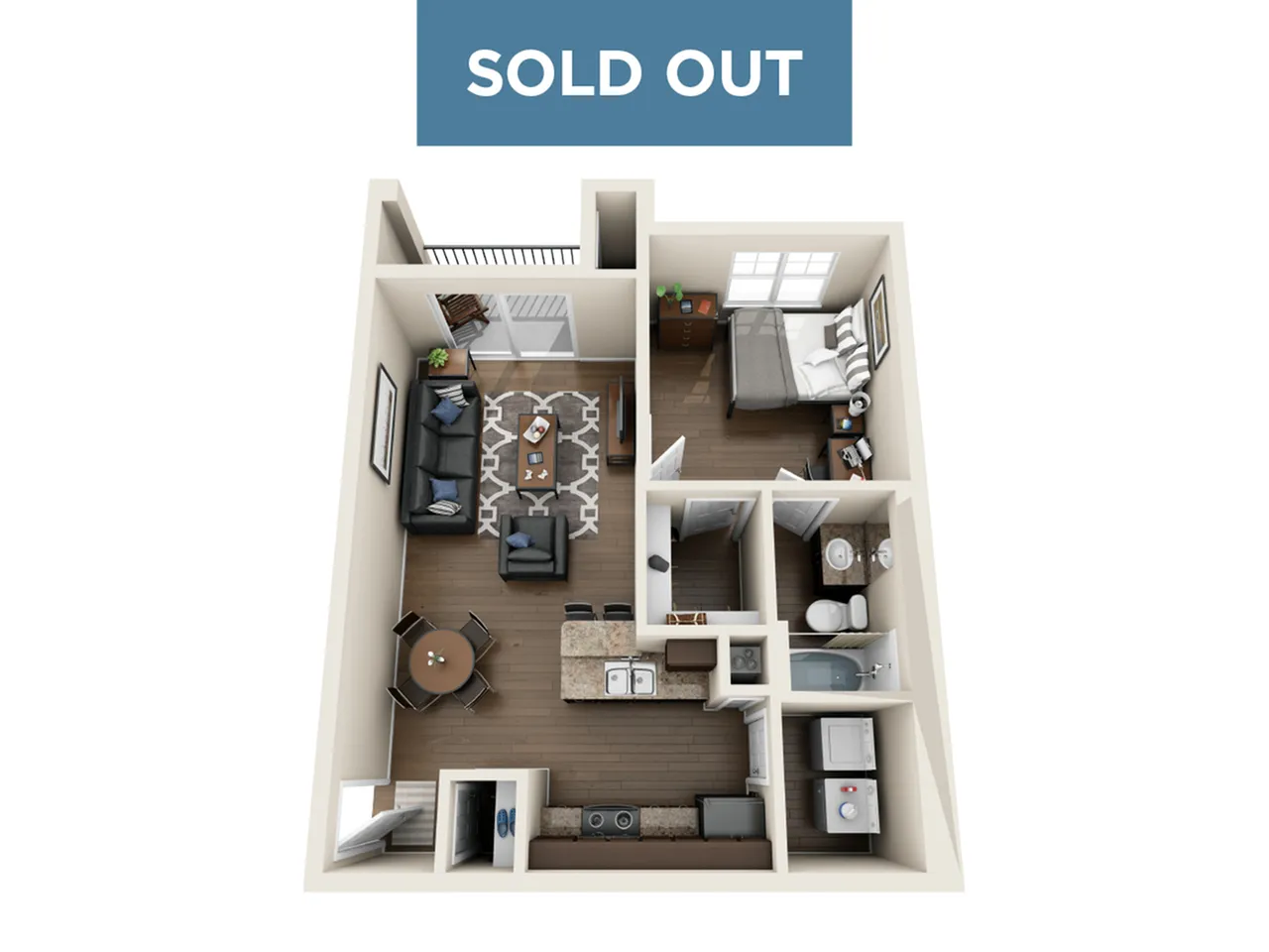 Charming 3D floor plan of a cozy apartment featuring a spacious living room, modern kitchen, elegant bedroom, and convenient bathroom layout.