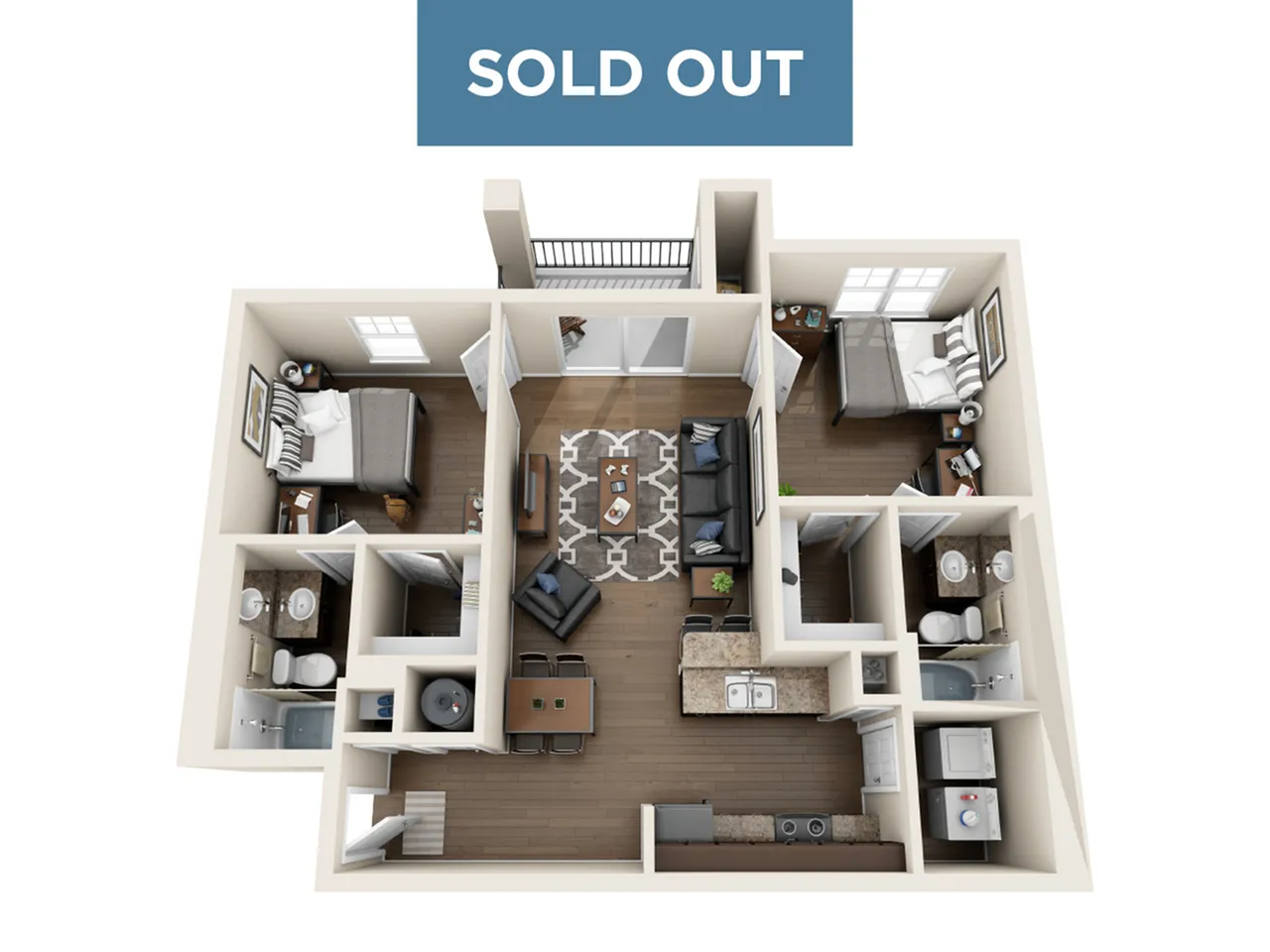 Modern 3D apartment floor plan showcasing 2 bedrooms, 2 bathrooms, and a cozy living area with an open kitchen layout, marked as sold out.