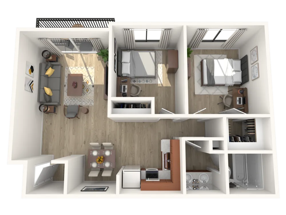Modern 2-bedroom apartment floor plan with a cozy living room, open dining area, and sleek kitchen. Features spacious bedrooms with stylish decor and a well-equipped bathroom.