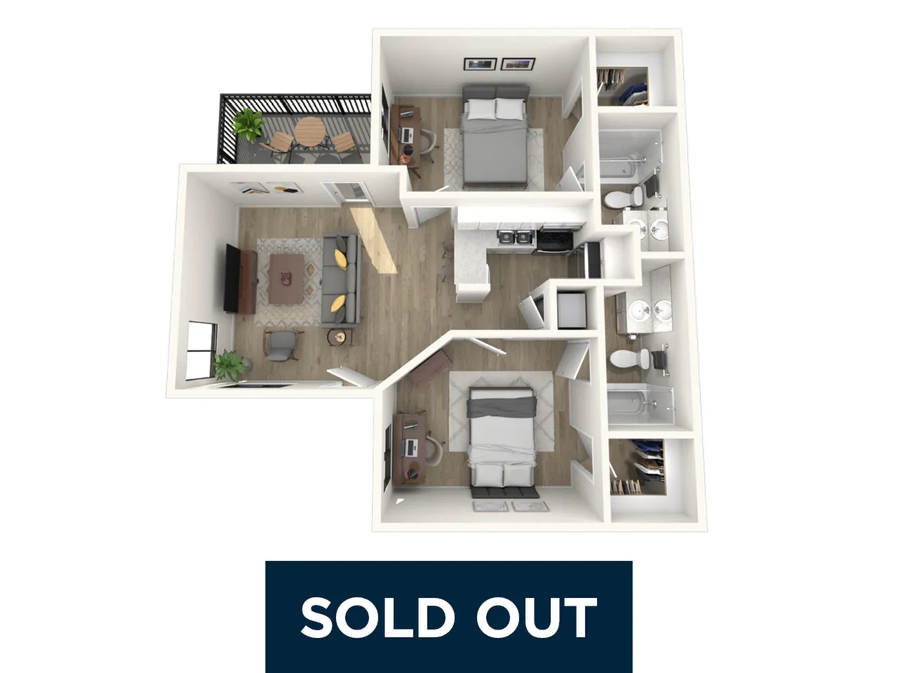 Modern floor plan featuring 2 bedrooms, 2 bathrooms, a cozy living area, and a stylish open kitchen with a balcony. Sold Out.