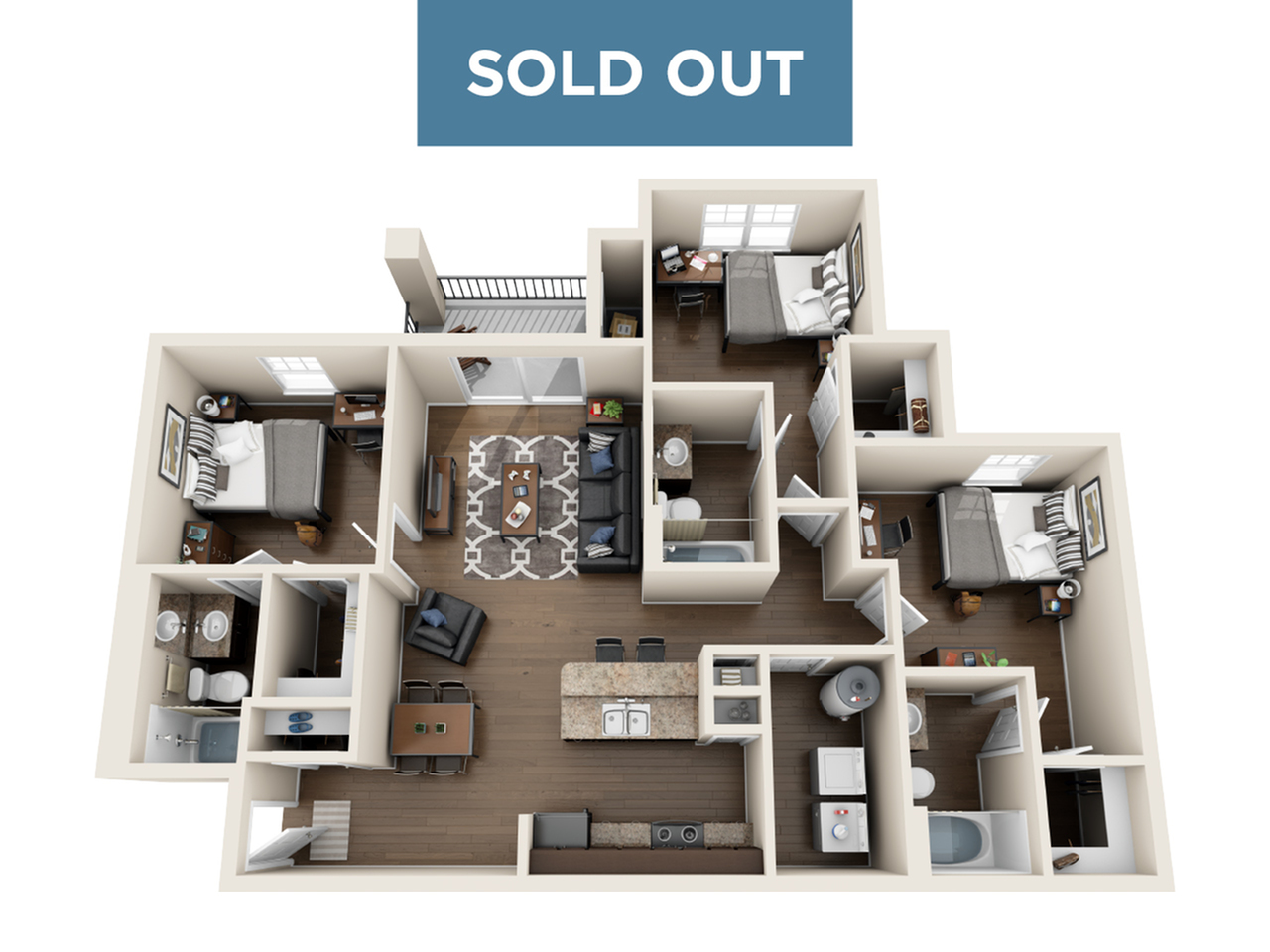 Elegant 3D floor plan showcasing 3 cozy bedrooms, modern living room, and a fully equipped kitchen with dining area, all sold out.