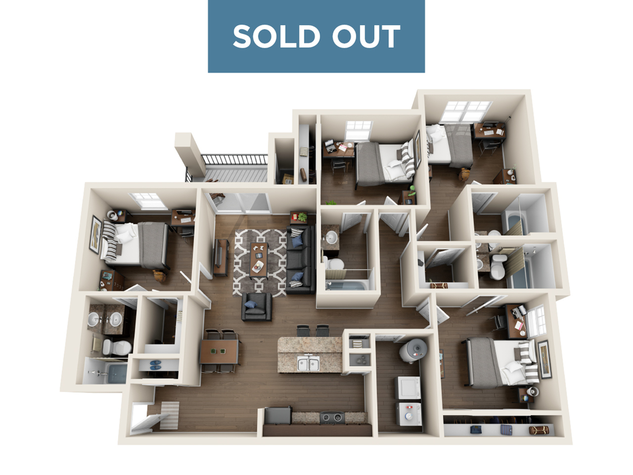 Modern 3D floor plan featuring three bedrooms, a spacious living area, and a contemporary kitchen, all beautifully arranged with stylish decor. SOLD OUT.