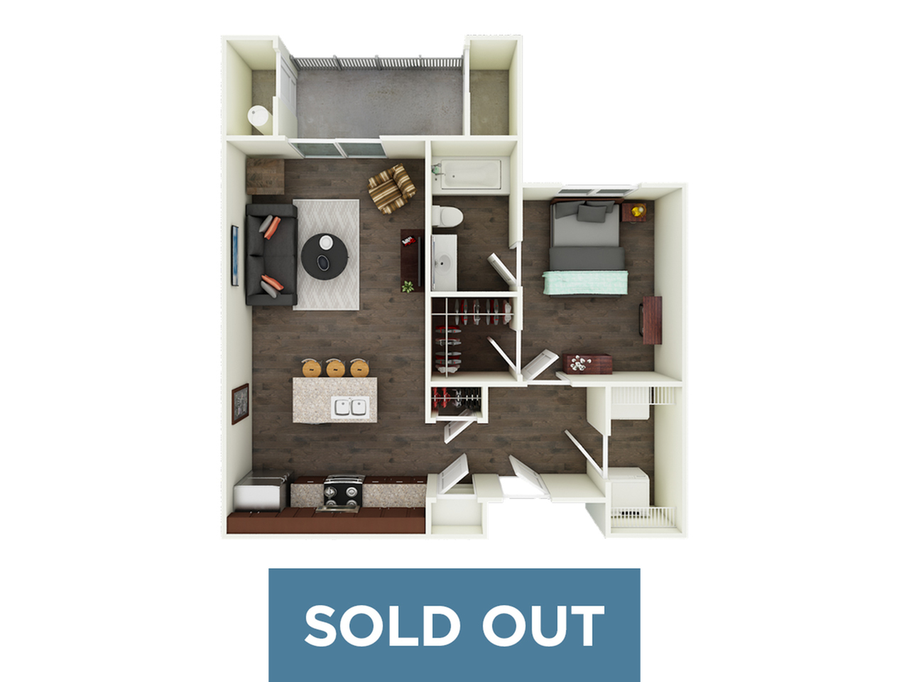 Modern apartment floor plan featuring 1 bedroom, a spacious living room, stylish kitchen island, and private balcony, now sold out.