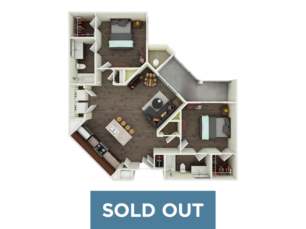 Elegant 3D floor plan of a stylish apartment with two bedrooms, an open living and dining area, modern kitchen, and ample storage space. Includes two bathrooms and a cozy balcony, showcasing contemporary living.