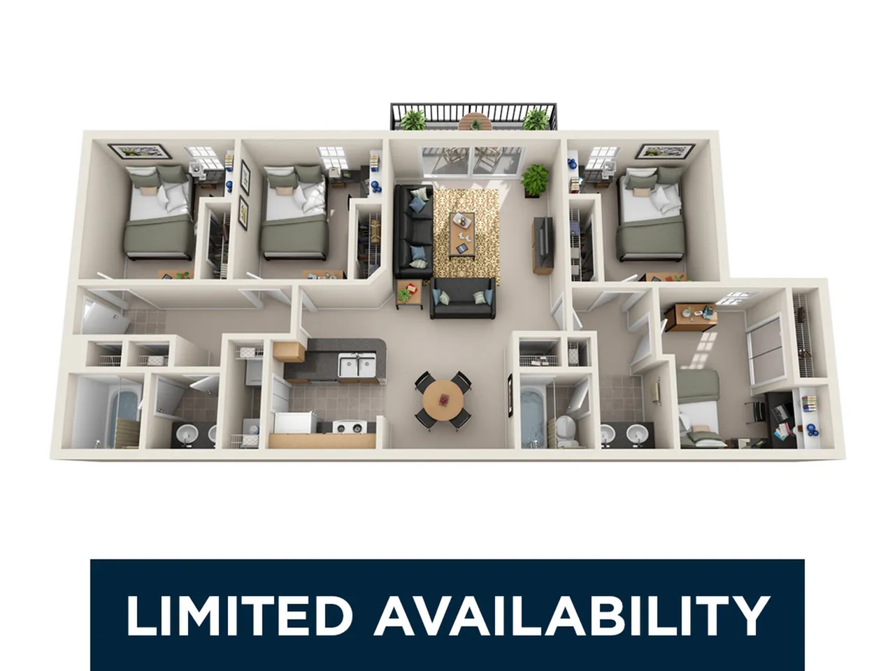 Charming 3D floor plan showcasing 3 cozy bedrooms, an inviting open-concept living area, and a modern kitchen. Limited availability.