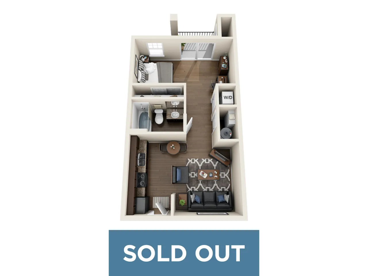 Charming 3D apartment floor plan illustrating 1 bedroom, spacious living area, modern kitchen, and elegant bathroom. Sold Out.
