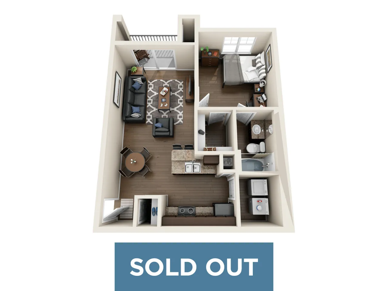 Charming one-bedroom apartment layout featuring a cozy living area, modern kitchen, and stylish bathroom. Sold out unit with elegant interior design and functional space.