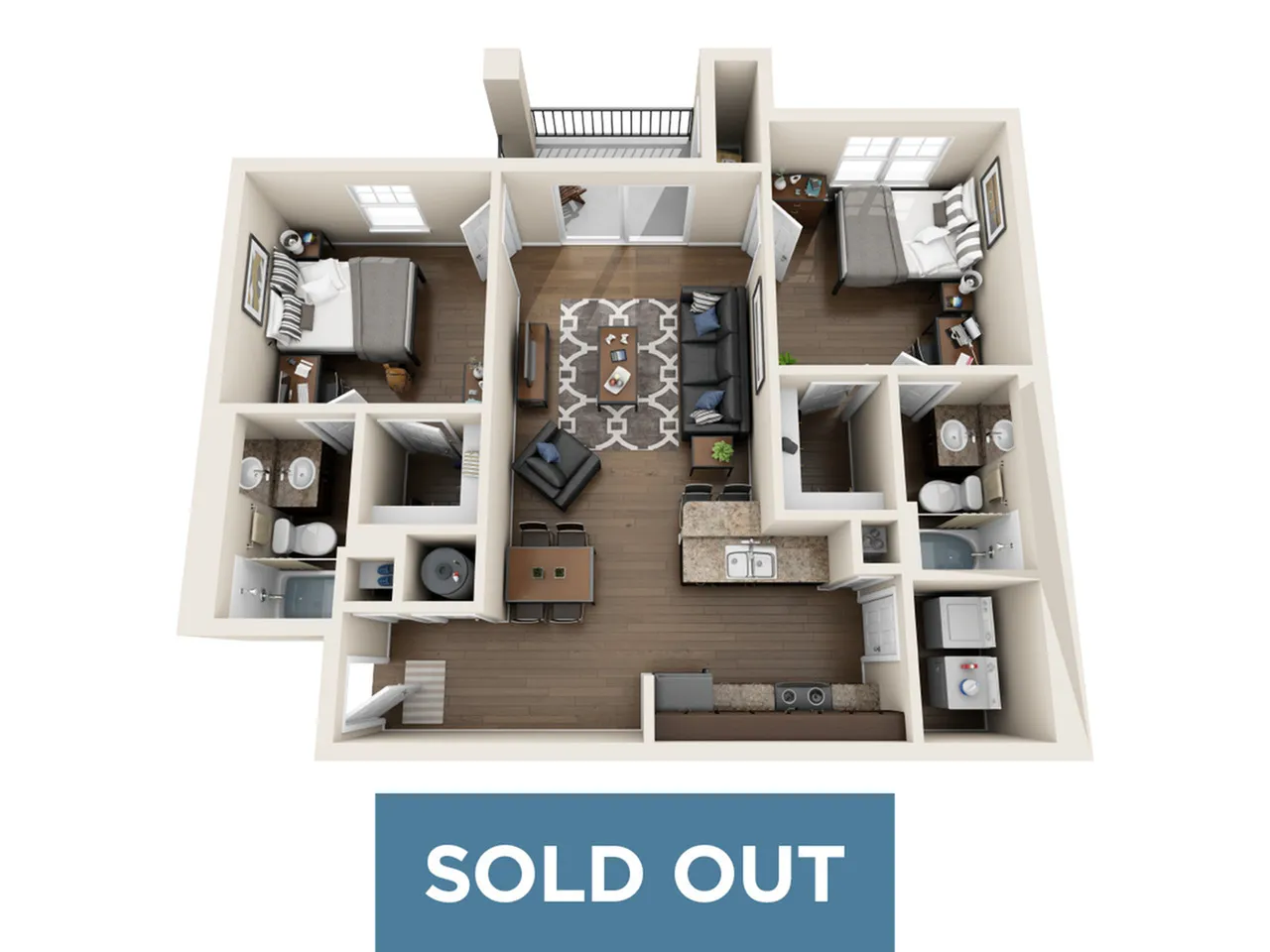 Modern 3D floor plan featuring two cozy bedrooms, an inviting living room, and a stylish kitchen, showcasing optimized space and contemporary design.